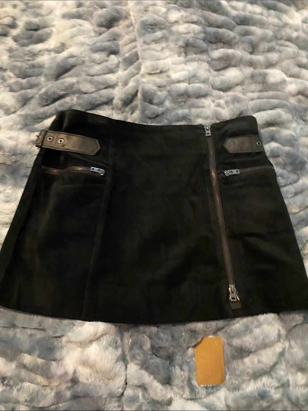 Vintage bebe Black Suede Mini Skirt with Buckled Waist. 100% Genuine Leather.